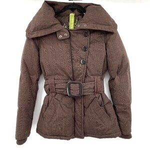 SOIA & KYO Down Puffer Coat Belted Jacket Brown Plaid M Women Winter Warm Collar